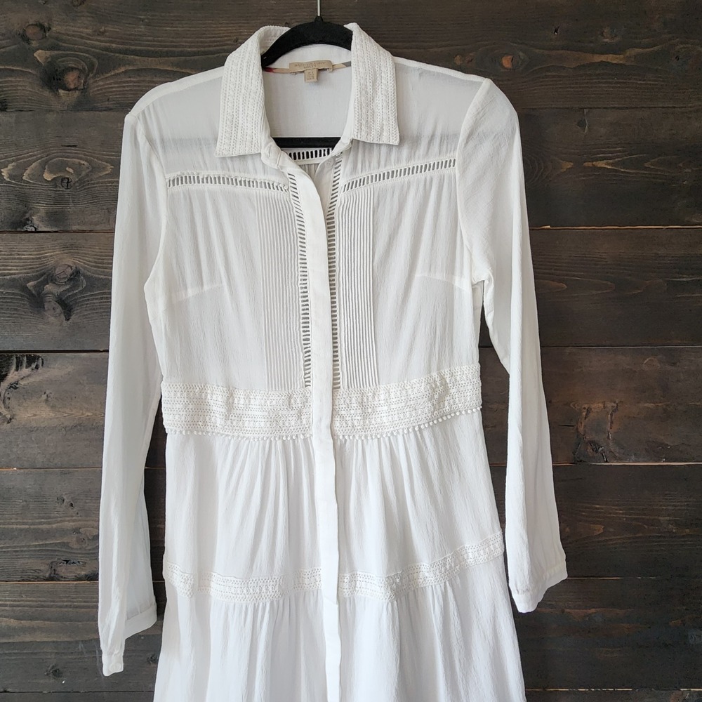 Burberry Brit Midi Maxi Tiered Dress White Size US 4 Long Sleeves Collared - Picture 15 of 16